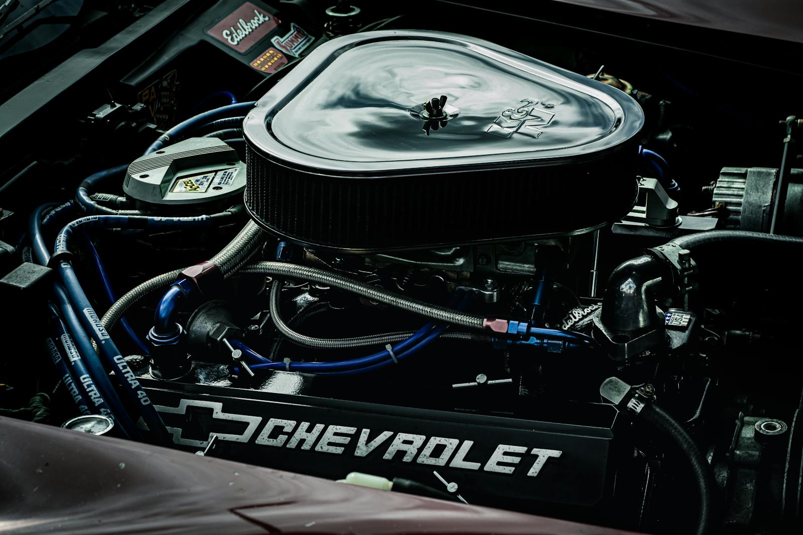 A polished V-8 engine bay — modern crate-engine performance.